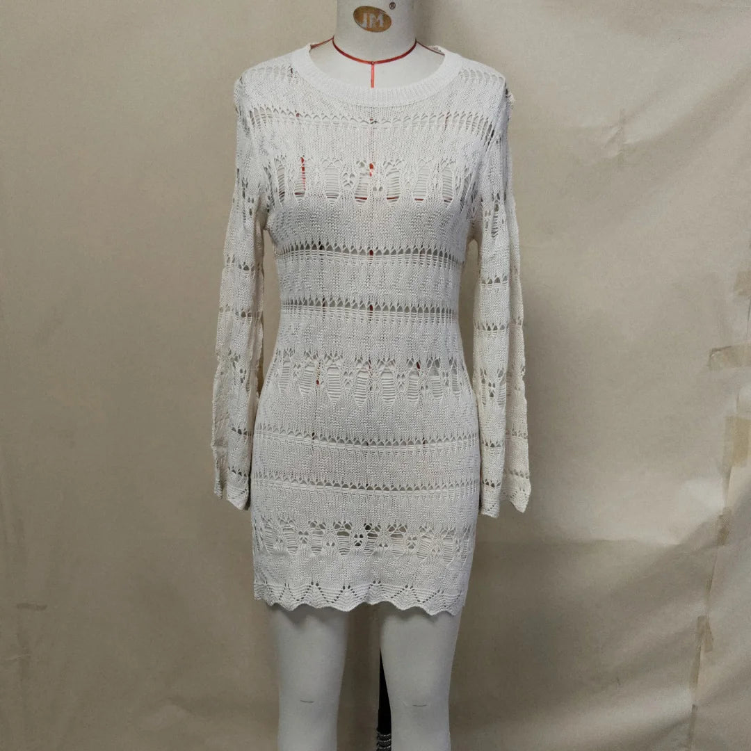 S - XL Long Sleeve Hollow Out Crochet Knitted Tunic Beach Cover Up Cover-ups Beach Dress Beach Wear Beachwear Female Women K5542