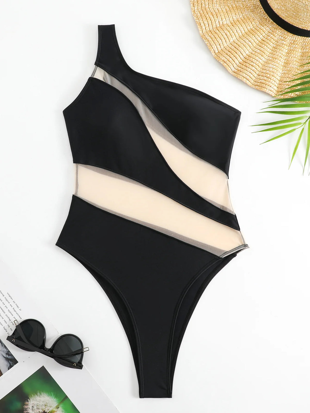 Splicing Mesh See Through One Shoulder Female Swimwear One Piece Swimsuit Women High Cut Monokini Mesh Bathing Suit Swim Lady