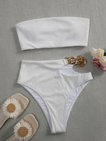 Metal Chain Ribbed Female Bandeau Swimsuit High Waist Bikini Women Swimwear Two-pieces Bikini set Asymmetric Bathing Suit Swim
