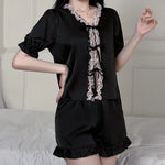New Fashion Black Satin Pajama Set for Women Lace Trim V-Neck Short Sleeve Pjs Soft Comfortable Silky Sleepwear Shorts Set Gift