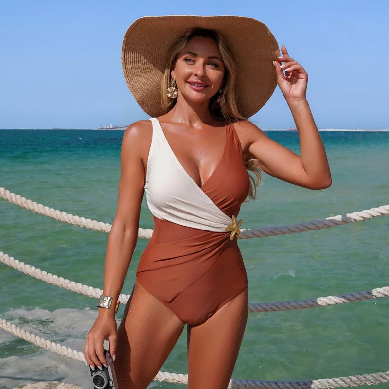 Brown One Piece Swimsuit Female 2025 Patchwork Swimwear Women Lace Up Bathing Suits Starfish Summer Beach Wear Sports Monokini