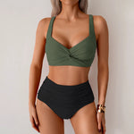 Sexy Black Two Piece Swimsuit Women Cross Pleate Push Up Padded Bikini Set Summer Bathing Suit Slim High Waist Swimwear Biquini