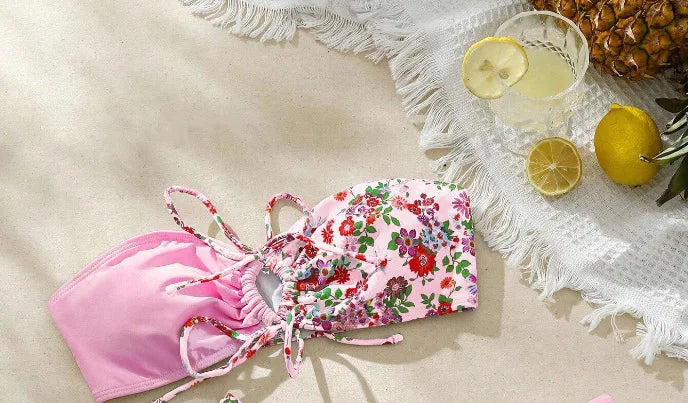 New Sexy Floral Print Bandeau Bikini 2024 Women Swimwear Female Swimsuit Two Pieces Thong Bikini Set Bather Tie Bathing Suit