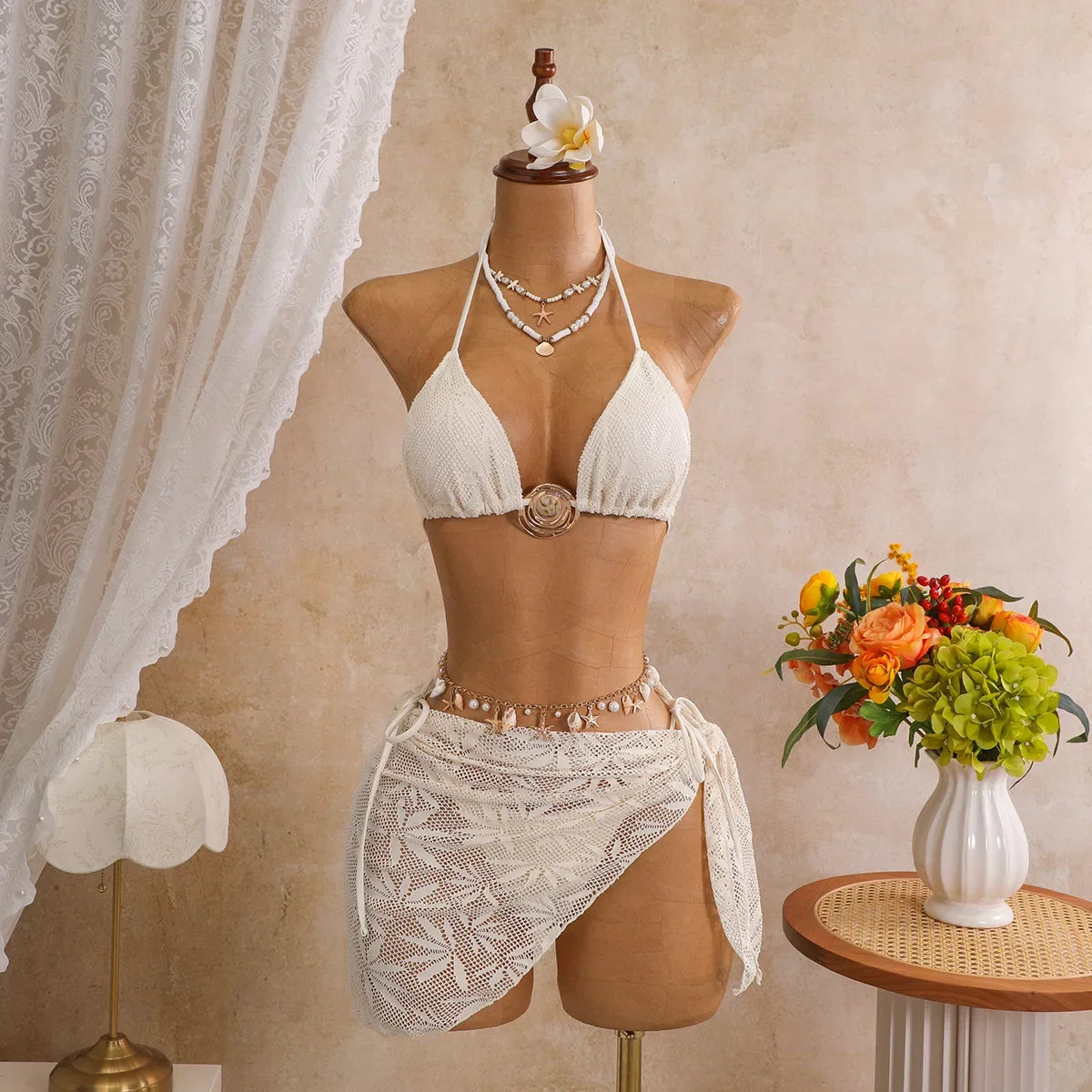 Sexy Mesh Cover Up 3 Piece Bikini Set 2026 Women White Metal Circle Push Up Bra Thong Swimwear Holiday Bathing Suit Swimsuit