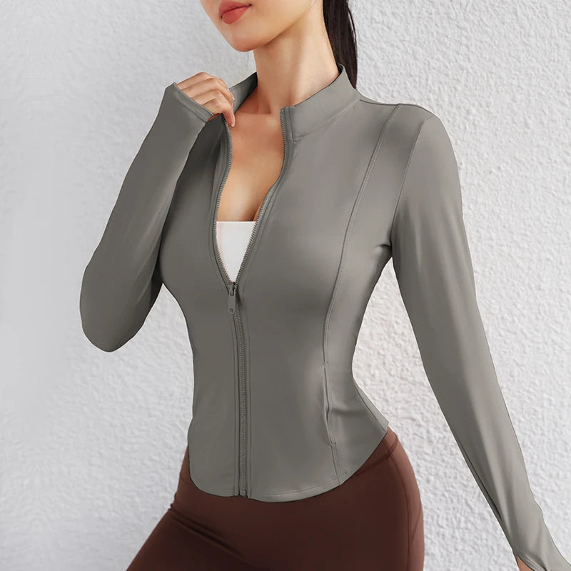 New Fitness Activewear Stand Up Collar Full Zipper Workout Tops Gym Long Sleeve Thumb Hole Yoga Jacket