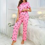Women Pajamas Short Sleeved Pants Pajama Set Heart Printed Pajama For Spring Autumn Soft Comfortable Homewear Valentine's Pajama