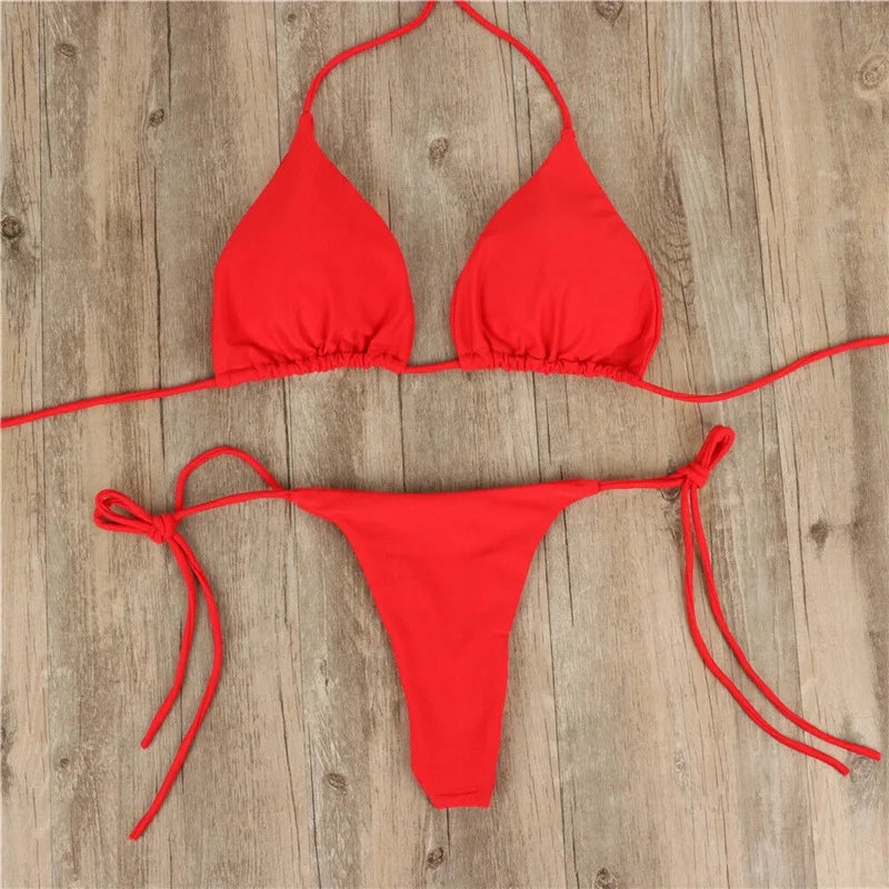 2025 Sexy Halter Solid Color Bikini Set Women's Swimsuit Two-Piece Triangle Thong Swimwear Bathing Suit for Beach Biquinis