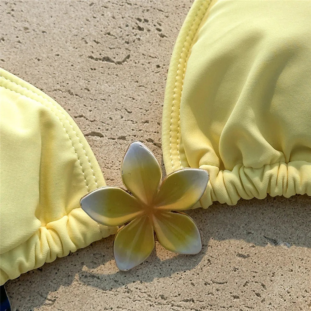Cute Yellow String Halter Triangle Micro Bikini Thong Femmes Sexy Swimsuit Women Flower Swimwear 2026 Bikinis Sets Bathing Suit