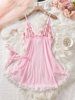 Pink Lips Sexy Lingerie Kawaii Babydoll Dress Women Lace See Through Nightdress Sleepwear Soft V Neck Erotic Pajamas With Thongs