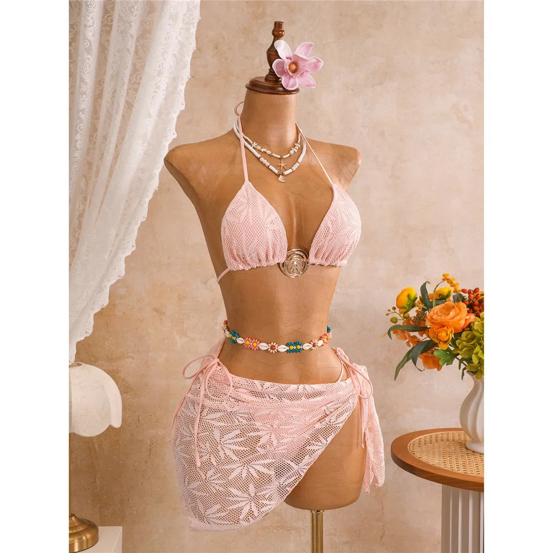 New Leaves Printed Halter Bikini Suit Female Swimsuit Women Swimwear Bather Bathing Suit Swim Three-Pieces Bikini Set