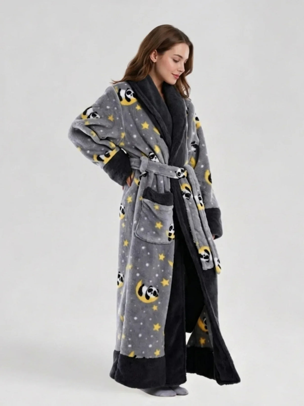 Warm Flannel Long Couples Robe Autumn Winter Color Block Lapel Funny Cartoon Print Bathrobe with Double Pockets Loungewear