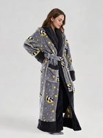 Warm Flannel Long Couples Robe Autumn Winter Color Block Lapel Funny Cartoon Print Bathrobe with Double Pockets Loungewear