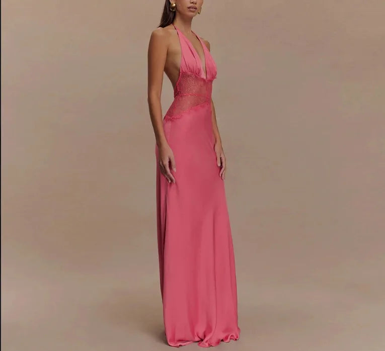 Summer Backless Sexy Long Dresses Women's Gown Patchwork Lace Halter V Neck Sleeveless High Waist Elegant Vestidos Para Mujer