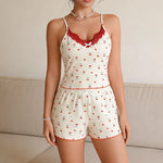 Summer 2 Piece Pajamas Set for Women's Sleepwear Cute Cherry Print Lace Trim Bow V Neck Crop Top and Shorts Lounge Sets