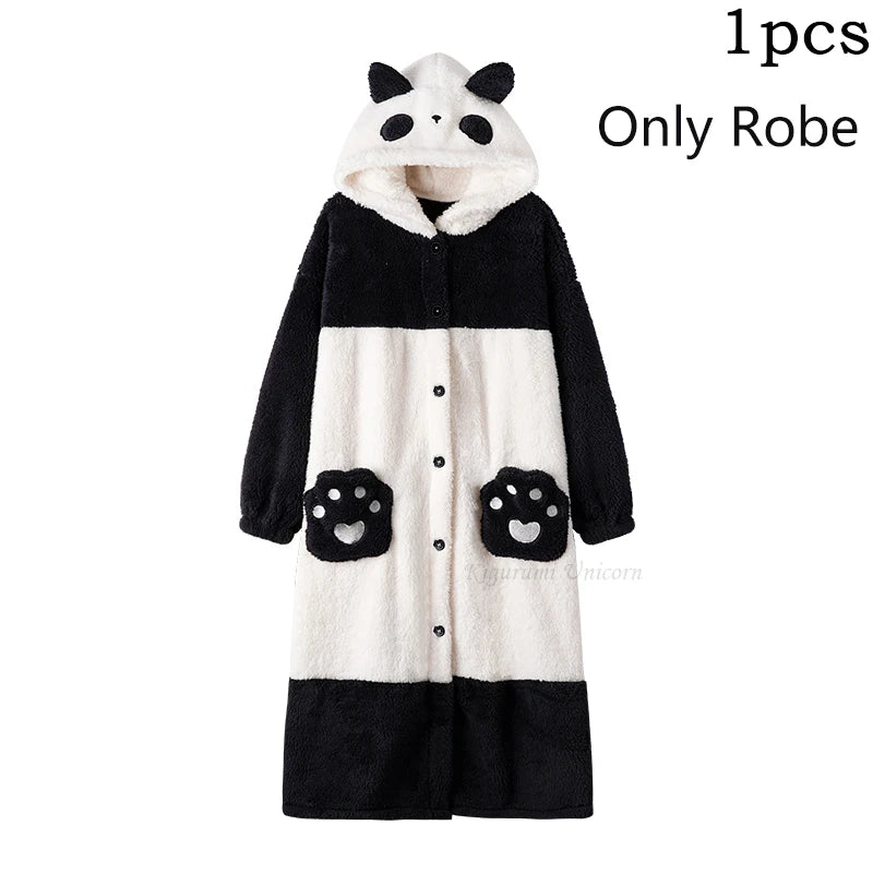 Cartoon Panda Plush Pajamas Robes Anime Adult Nightgown Winter Long Sleeve Night Dress Halloween Party Comfy Kawaii Girl Slipper