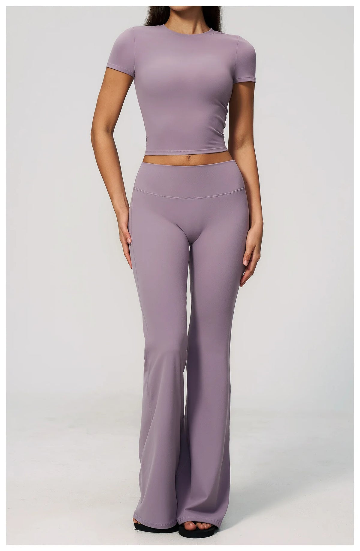 Creamy 2 Pieces Workout Suit Women Yoga Outfits Short Sleeve O Neck Slim Sports T Shirts High Waist Flare Pants Gym Fitness Sets