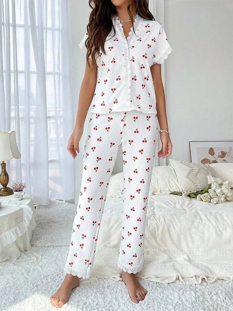 Lace Trim Cherry Print 2 Pieces Pajama Set for Women Sleepwear Short Sleeve Top & Full-Length Pants Nightwear Homewear