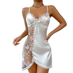 Thin Lace Bow Women's Pajama Dress Embroidered Mesh Transparent Ice Silk Suspender Nightdress Split Sleepwear