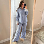 Women Autumn Winter Color Block Striped Pajama Set Skin Friendly Loose Long Sleeve Pants Two Piece Ladies Homewear Sleepwear