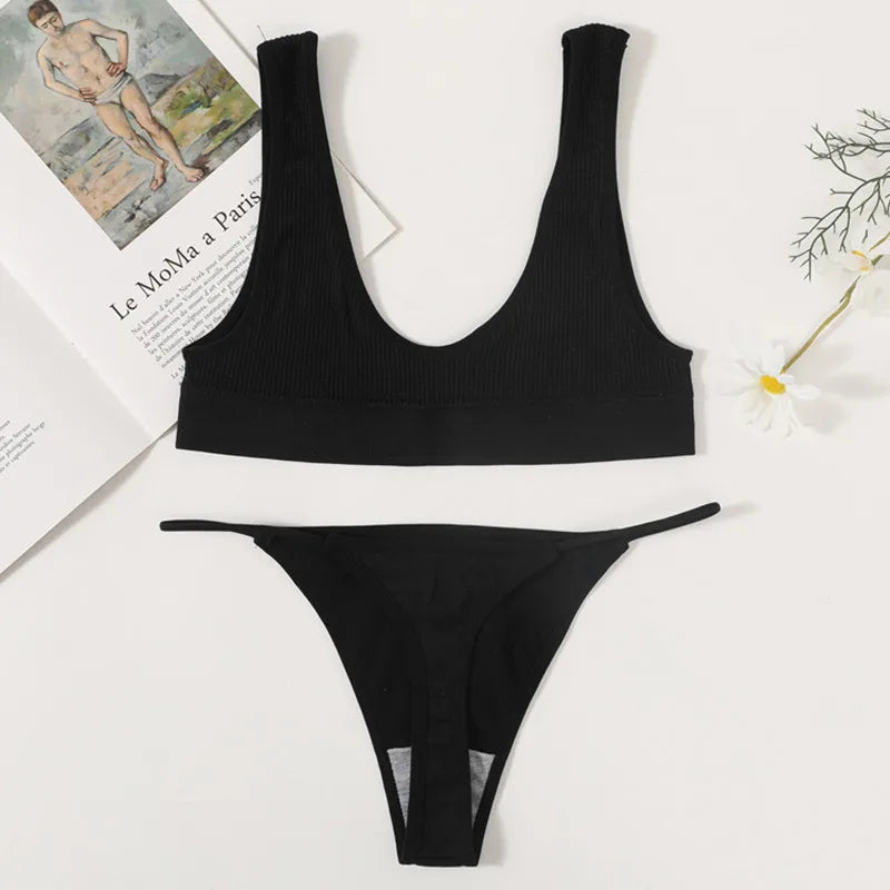 Women Seamless Bra And Panties Set U-Neck Push-Up Bra Brazilian Thongs Low-Waist T-Back Female Underwear Sexy Lingerie Set