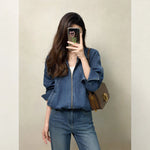 Spring denim shirt petite short denim lapel jacket
