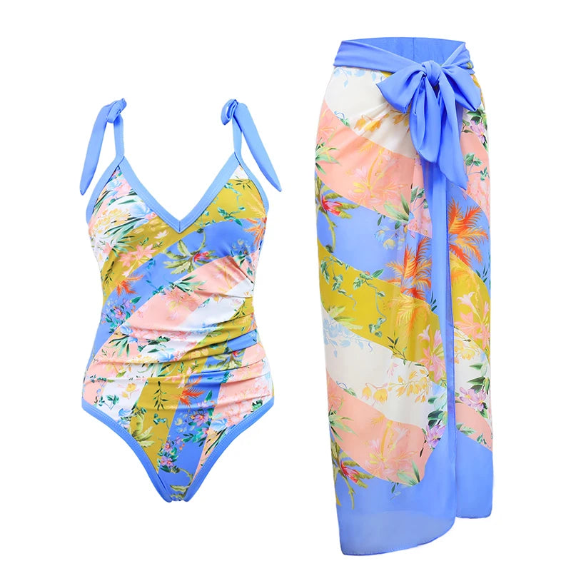 2024 Sexy Sling Ruffle Solid Two Pieces Bikini Women High Waist 3D Flower Swimsuit Skirt Summer Backless Beachwear Bathing Suit