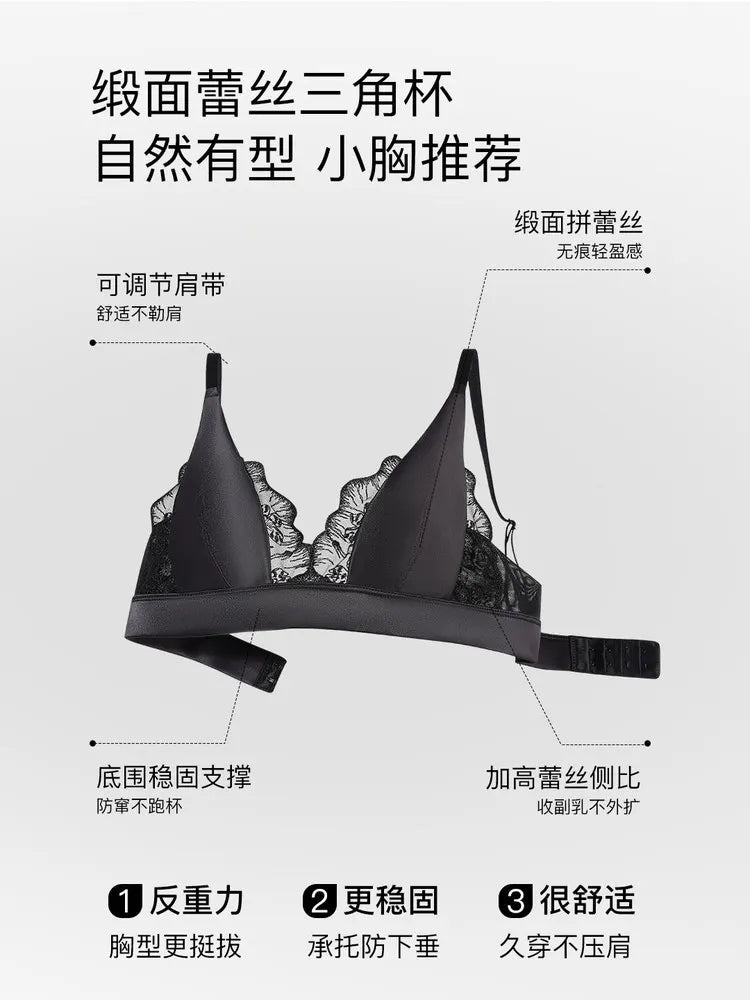Sexy Summer Bra Sin Aros, French Lingerie Encaje Triangulo Pecho Pequeño, Bralette Suave Puro Deseo Saten MOYISU 32-38-S-XL AB