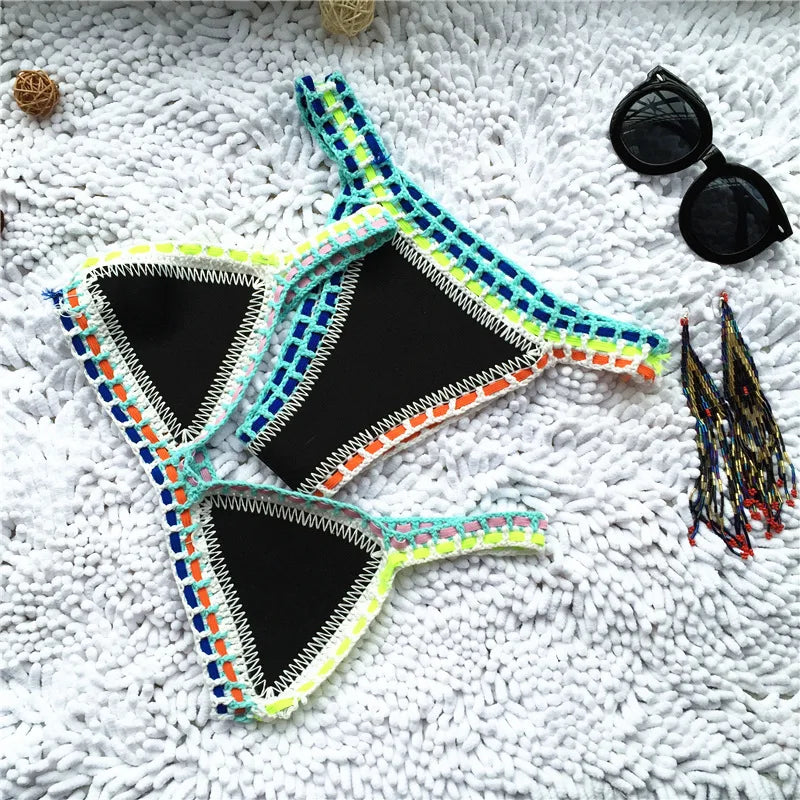 Bikini Crochet 2026 Handmade Knit Patchwork Reversible 2 Piece Swimsuit Women Halter Top Brazilian Bathing Suit Thong Swimwear