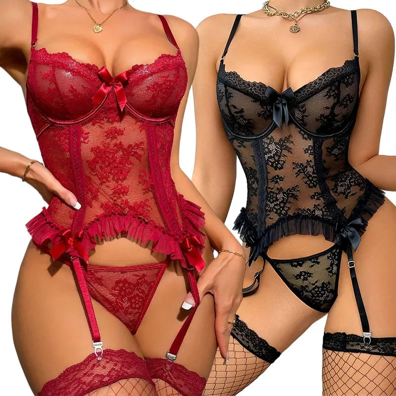 Pleasure Lingerie One-Piece Lace Bra Stockings Thong Set Sheer Seductive Garter Belt Bras And Panties A Complete Underwear Sets