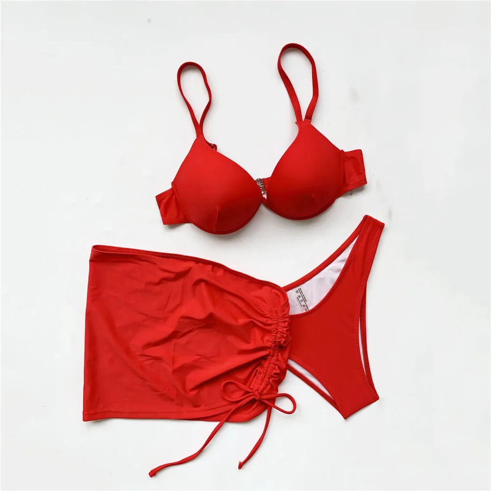 Red Push Up 3 Bikini Set Women 2026 Swimwear Mesh Cover Up High Cut Sexy Swimsuit Female Bathing Suit Bathers Swim Bikinis Mujer