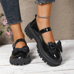 Women Bow Mary Janes Faux Patent Leather Heart‑Buckle Lug‑Sole Round‑Toe Sweet Preppy JK Platform Casual Daily Shoes