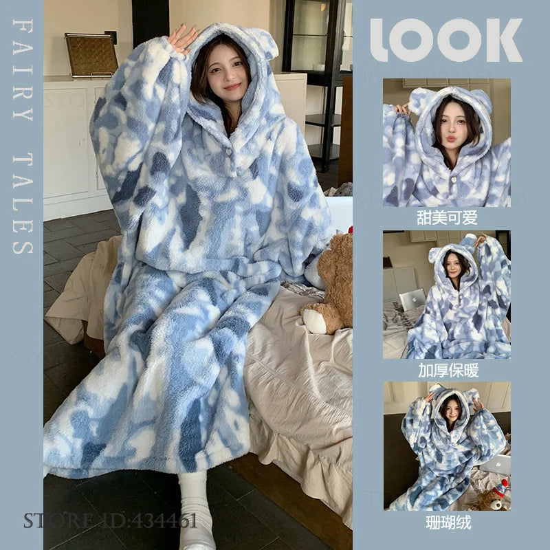 Thicken Flannel Cartoon Female Long Robe Hooded Nightgown Autumn Winter Sleepwear Home Clothes Loose Coral Fleece Warm Nightwear