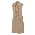 Foridol Khaki Double Breasted Sleeveless Office Windbreaker Style Dress Turn Down Collar Lady Elegenta Vintage Belt New Vestidos