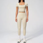 2PC Color Contrast Yoga Suit Women Short Sleeve Square Collar Slim Sports Top Fitness Suits Outdoor Exercise Leggings Tracksuit
