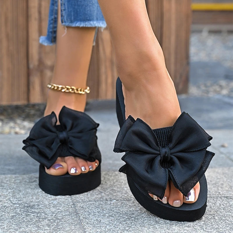 2026 Summer Big Bowknot Platform Slippers Women Plus Size 42 Open Toe Wedges Sandals Woman Lightweight Casual Beach Flip Flops