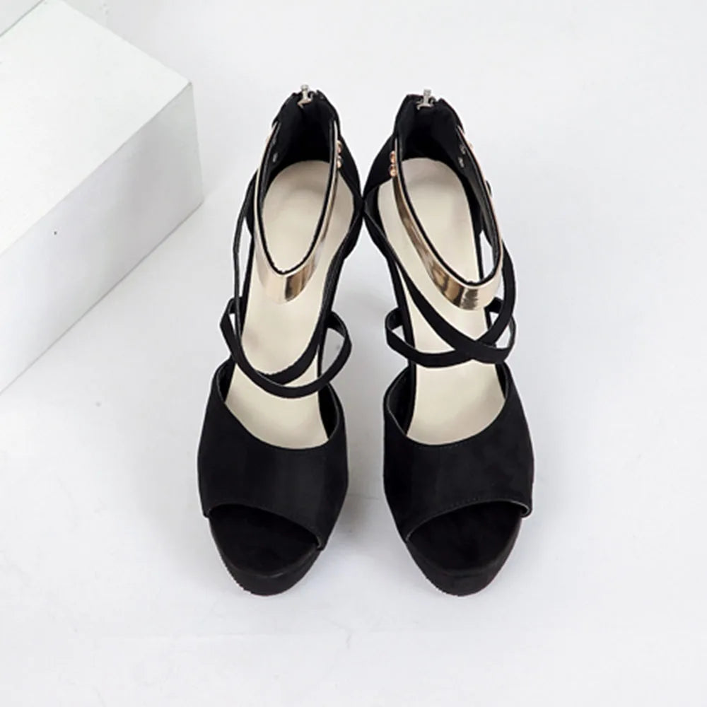 Women's Sexy Peep Toe Platform 12cm High Heel Sandals with Gold Metal Classic Ankle Strap Crisscross Stiletto Heel Party Shoes