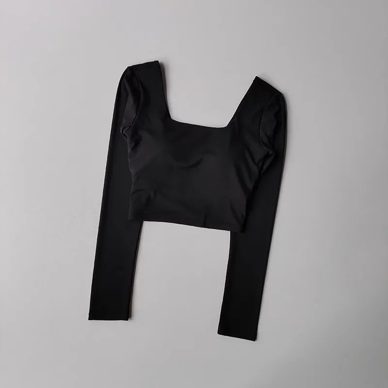 Women's Long Sleeve Yoga Top Cross Back Fitness Exercise Suit Fixed Chest Cushion Comfortable Sports Bra Top