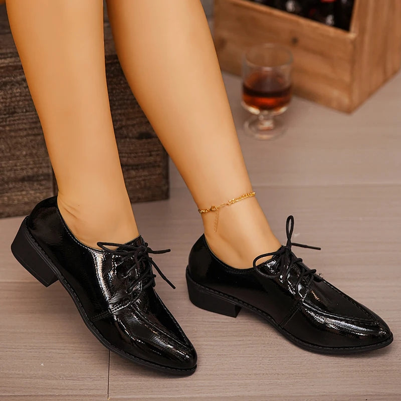 Vinatge Patent Leather Oxford Shoes Women Pointed Toe Low Heel Pu Leather Shoes Woman Plus Size 43 Thick Heeled Office Shoes
