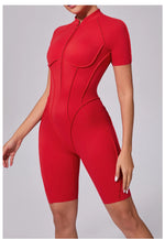 Summer Zipper Workout Jumpsuit Sports Overalls Women Running Fitness Short Sleeve Yoga Bodysuit