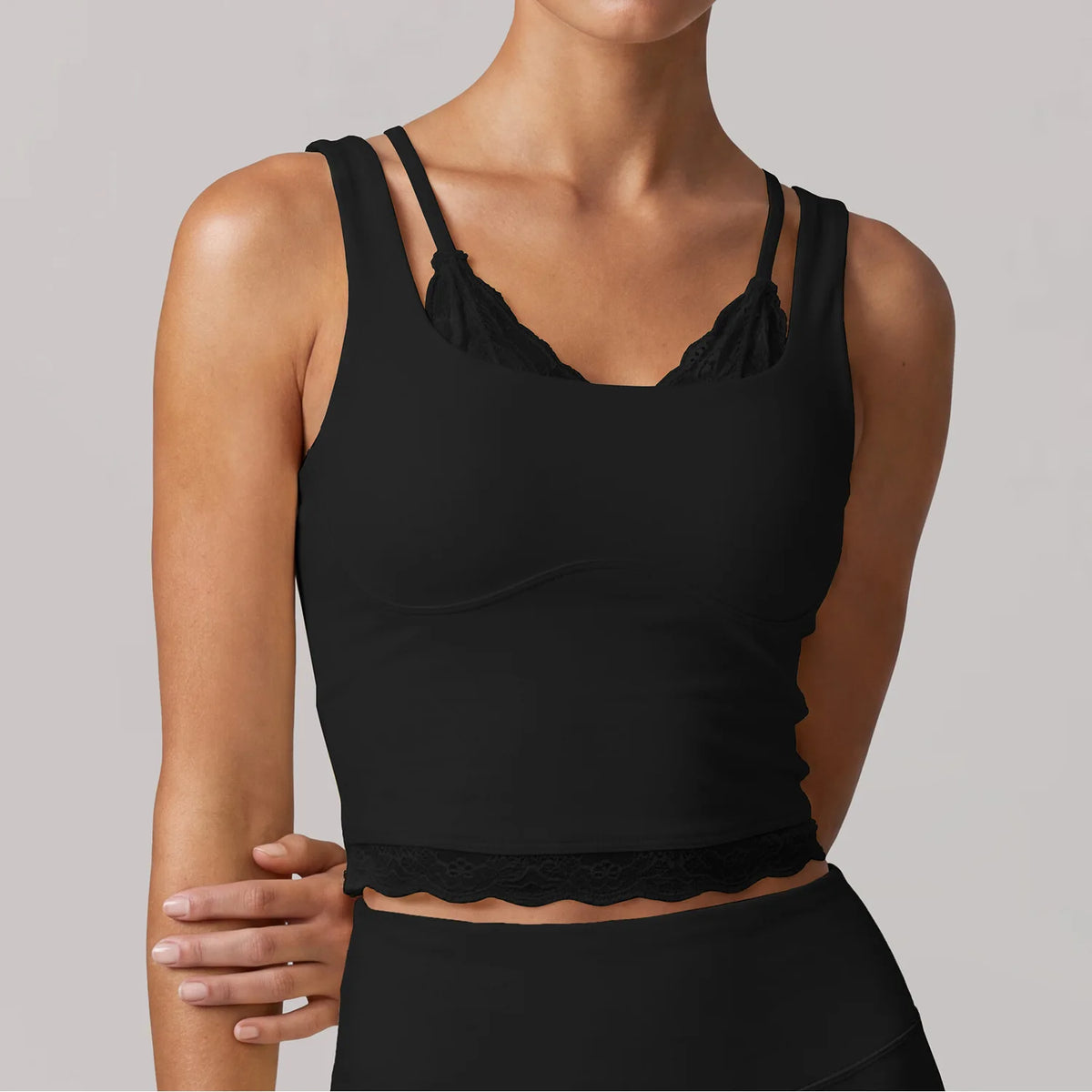 Sexy Fake Two-piece Yoga Tank Top Naked Feel Lace Trim V Neck High Stretch with Bra Pads Gym Running Fitness Dance Tank Top