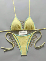 Womens Green Yellow Brazil Print Halter Tie Side Bikini Set For Beach Pool Vacation