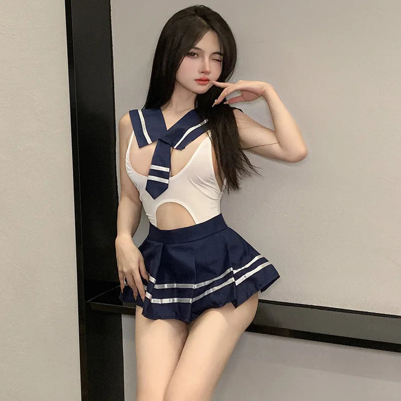 Cosplay Schoolgirls Uniform Women Erotic Sexy Lingerie Set Babydoll Backless Bodysuit Skirt Neck-tie Transparent Porno Underwear