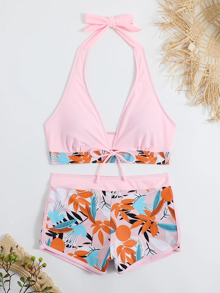 2026 Halter Bikini Set Short Swimsuit Women High Waist Swimwear Female Printed Bathers Swimming Bathing Swim Suit Beachwear