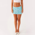 Women Sequin Mini Skirts Beaded Flower Y2k Pearl Embellished Low Rise Mini Bodycon Skirt Glitter Short Skirts Summer Streetwear