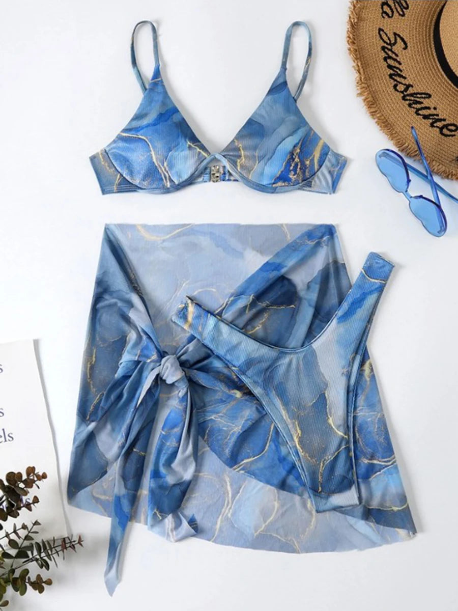 3 Pieces Print Push Up Bikini 2026 Women & Beach Skirt Strappy Swimsuit Sexy Swimwear Female Bathers Bathing Swimming Swim Suit