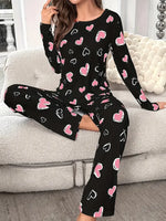 Autumn Winter Pajama Set for Women Sleepwear Heart Print Knitted Round-Neck Loose Tops and Elastic Long Pants Loungewear