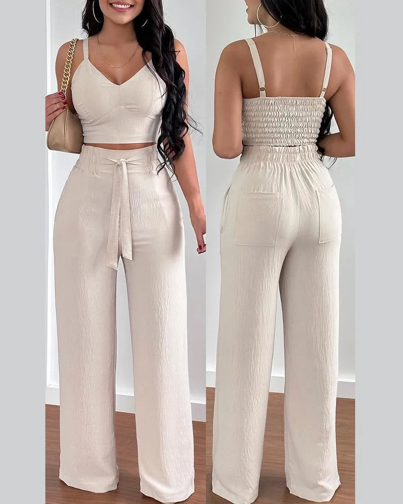 Women's Two Piece Sets Fashion Print Halter V-Neck Short Tank Suit Tops Long Pants Matching Set Summer Casual Female Slim Pants