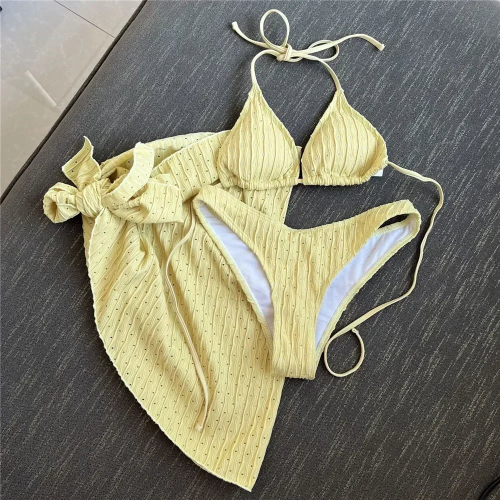 Three Piece Bikinis Sets 2026 String Halter Swimwear with Cover Up Sexy Swimsuit Women Beachwear Bathing Suit Black Mini Bikini