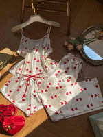 3 Pcs Women Satin Pajama Set Heart Print Round Neck Top with Pants and Shorts Sleepwear Suit Elegant Ladies Homewear