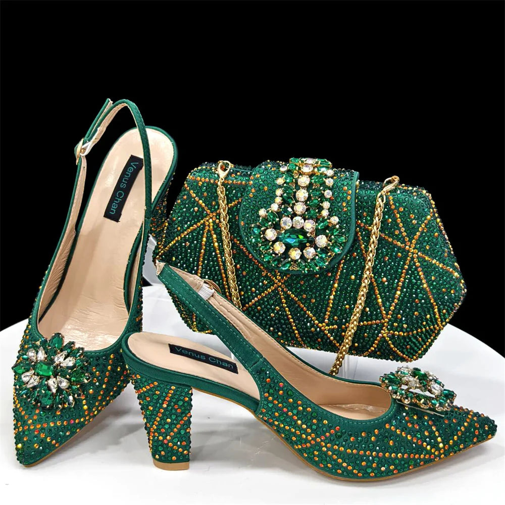 Doershow beautiful Italian Shoes And Bag Sets For Evening Party With Stones Italian Leather Handbags Match Bags! 1-30